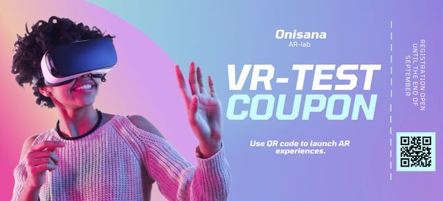 Offer of VR-Test with Woman in Virtual Reality Glasses Coupon 3.75x8.25in tervezősablon