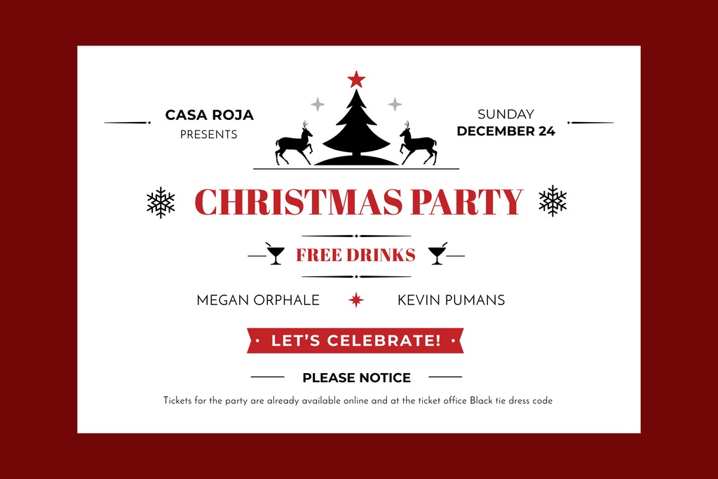 Christmas Party Ad with Tree and Deers Illustration Poster 24x36in Horizontal Design Template