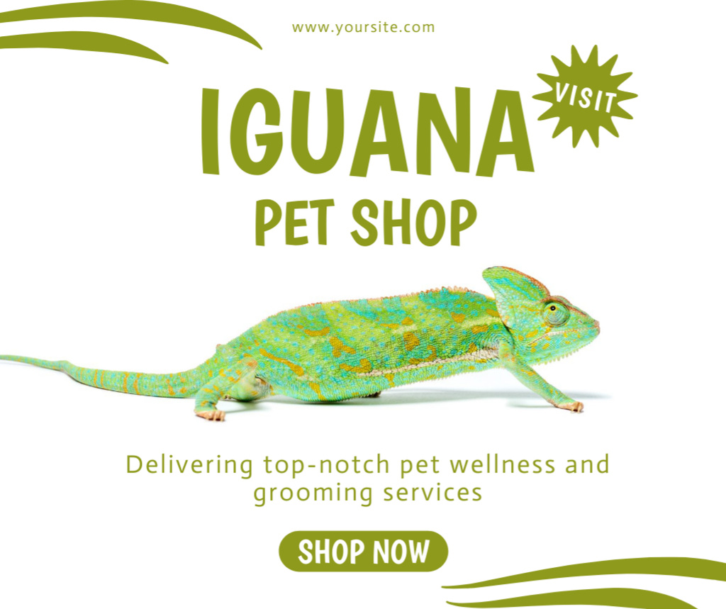 Pet Store Discount Announcement with Chameleon Image Facebook tervezősablon