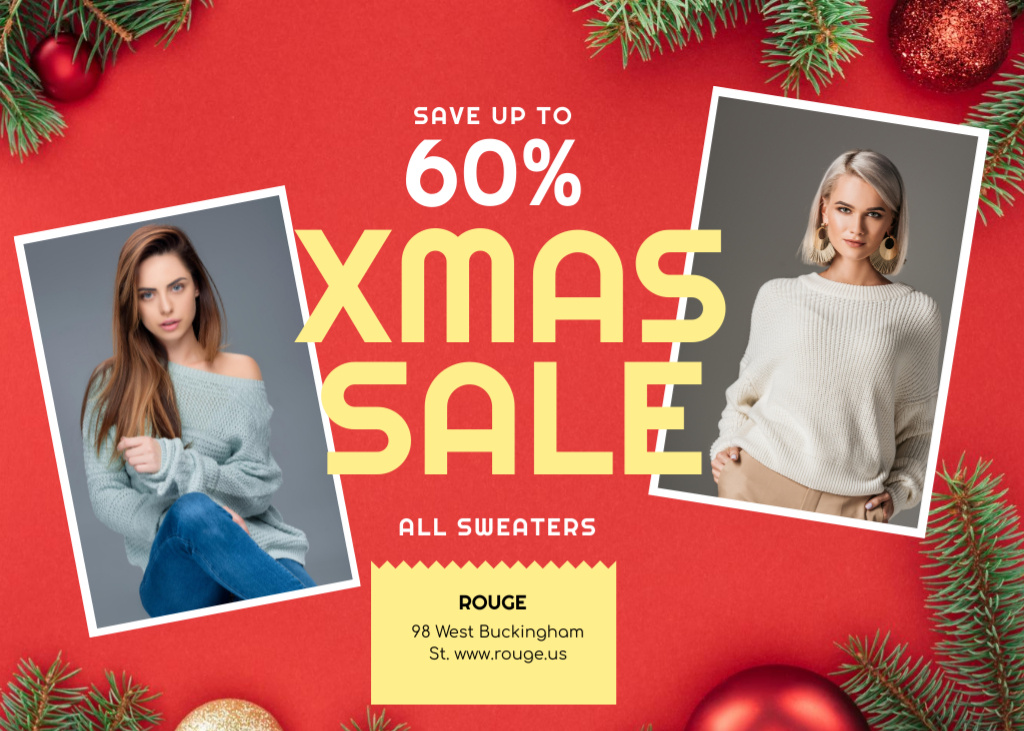 Christmas Sale with Women in Warm Sweaters Flyer 5x7in Horizontal Tasarım Şablonu