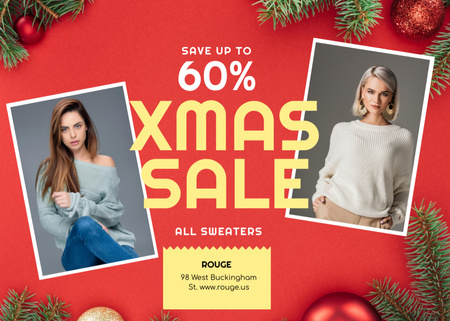 Christmas Sale with Women in Warm Sweaters Flyer 5x7in Horizontal Design Template