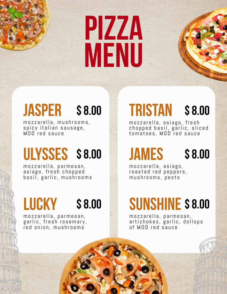 Ontwerpsjabloon van Menu 8.5x11in van Appetizing Italian Pizza Price Offer