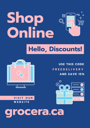 Online Shop Offer Women with groceries in baskets Poster tervezősablon