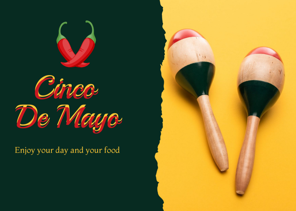 Cinco de Mayo Greeting With Maracas And Chili on Green Postcard 5x7in Design Template