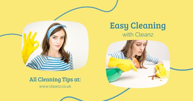 Cleaning Tips with Woman in Gloves Facebook AD Design Template