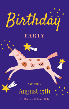 Birthday Party Announcement With Cute Unicorn on Blue Invitation 4.6x7.2in Design Template