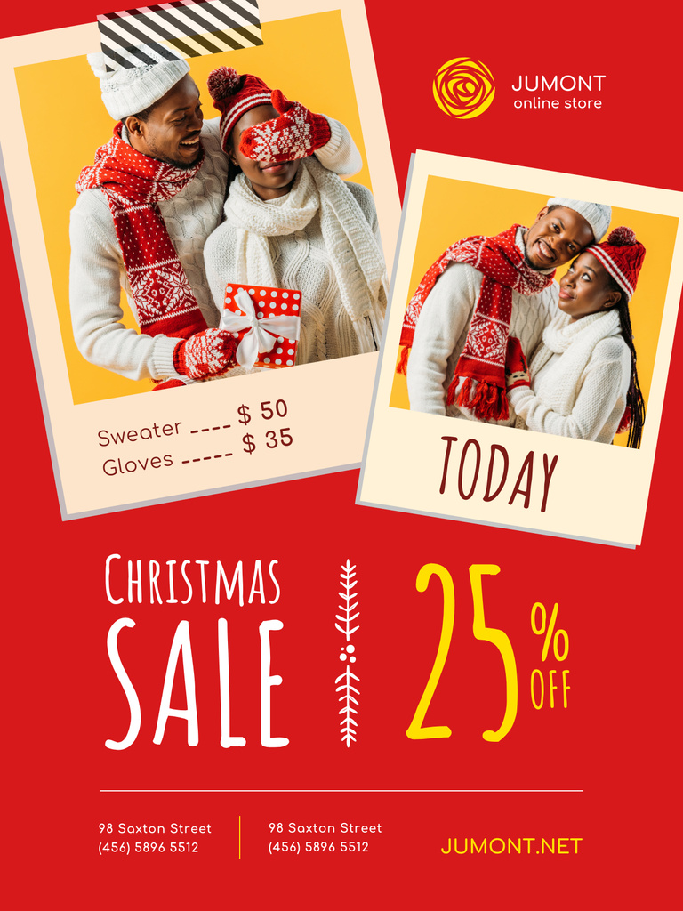 Szablon projektu Christmas Sale Announcement with Cute Couple in Warm Winter Clothes Poster US
