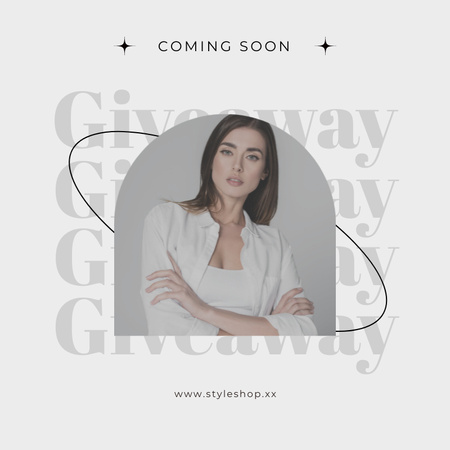 Fashion Giveaway Announcement with Lady in White Outfit Social media Design Template