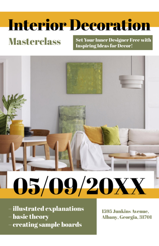 Template di design Interior Decoration Masterclass Ad with Stylish Living Room Interior Flyer 5.5x8.5in