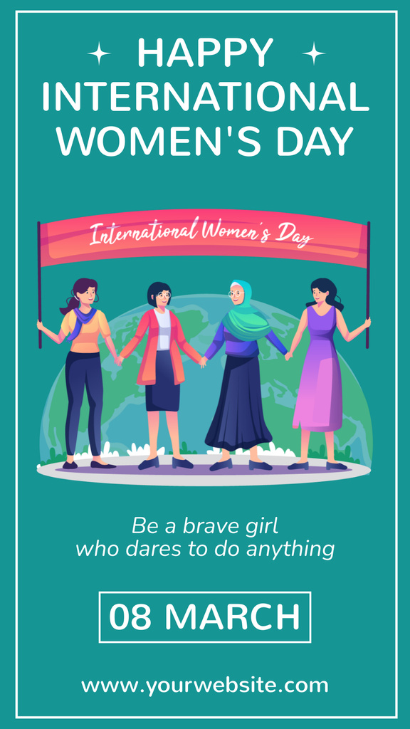 International Women's Day Greeting with Diverse Young Women Instagram Story Modelo de Design