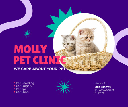 Plantilla de diseño de Oferta de servicio de clínica de mascotas con lindos gatitos en la cesta Facebook 