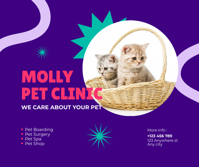 Plantilla de diseño de Pet Clinic Service Offer with Cute Kittens in Basket Facebook 