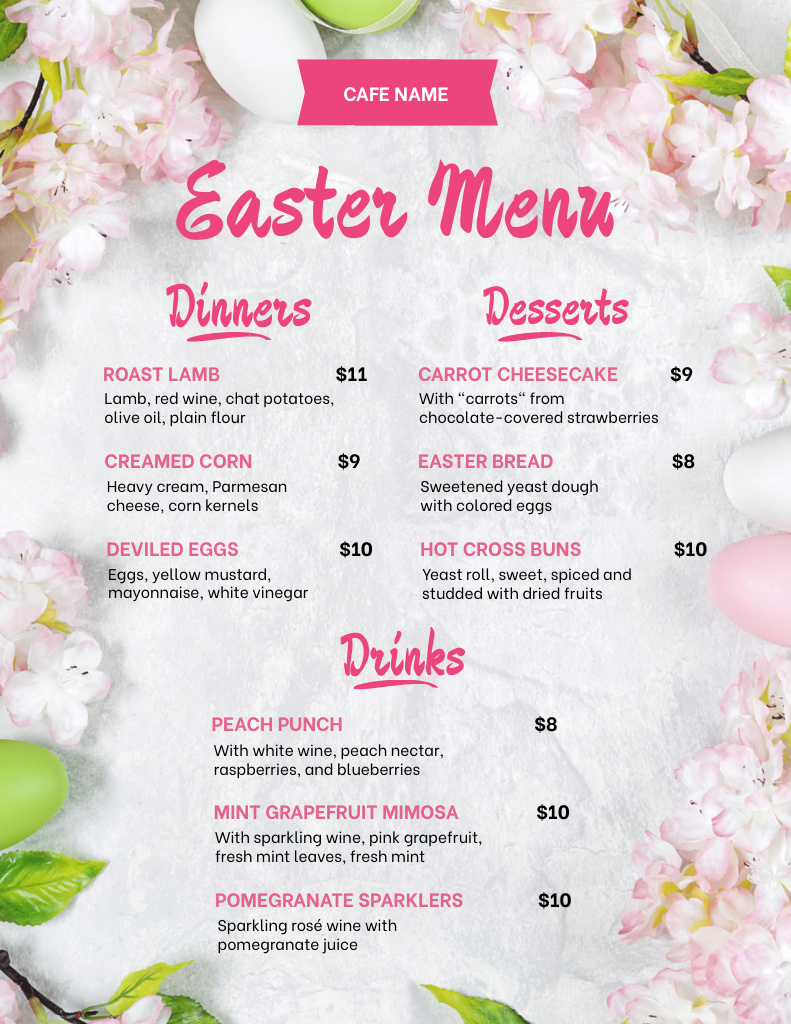 Easter Dishes Offer with Eggs in Spring Flowers Menu 8.5x11in Šablona návrhu