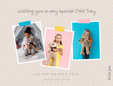 Platilla de diseño Heartwarming Children's Day Greeting With Discount For Toys Postcard 4.2x5.5in