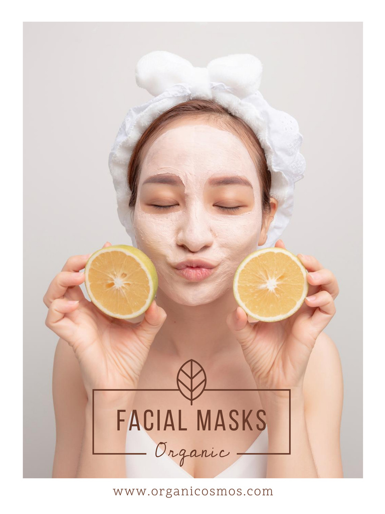 Ontwerpsjabloon van Poster US van Offer of Organic Facial Masks with Woman holding Citrus