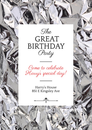Birthday Party Invitation with Shiny Crumpled Silver Foil Flyer A6 Design Template