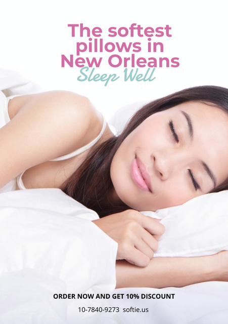 Pillows Ad with Woman sleeping in Bed Flyer A5 Modelo de Design