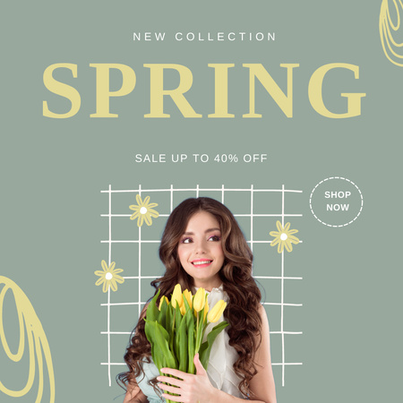 Spring Sale with Young Woman with Tulips Instagram Design Template