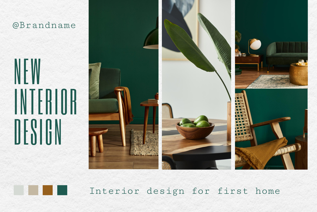 New Interior Design in Green and Wooden Colors Mood Board Modelo de Design