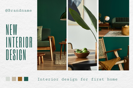 New Interior Design in Green and Wooden Colors Mood Board Πρότυπο σχεδίασης