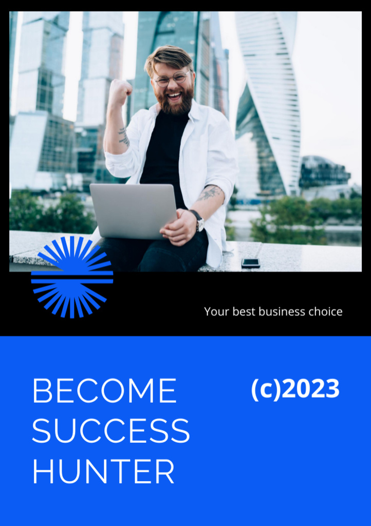 Business Conference Ad with Happy Man on Blue Flyer A5 Tasarım Şablonu