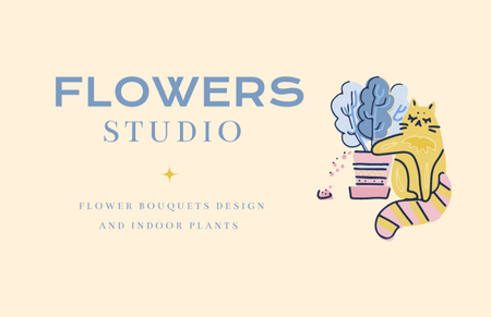 Flowers Studio -mainos, jossa on hauska kissa ja kotikasvi Business Card 85x55mm Design Template