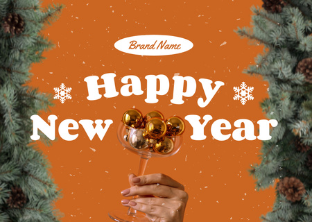 New Year Greeting with Pine Cones on Tree Postcard Design Template