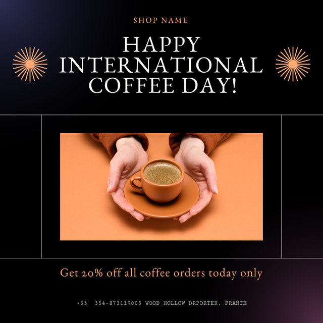 Black and Brown Greeting on Coffee Day Instagram Design Template