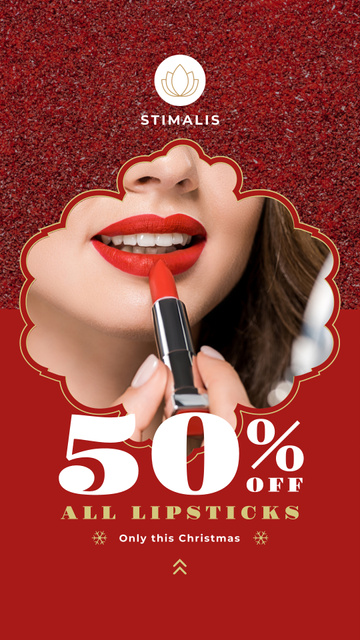 Template di design Cosmetics Christmas Sale Woman Applying Lipstick Instagram Story