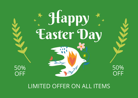Easter Day Greeting with Spring Bird on Green Card Design Template