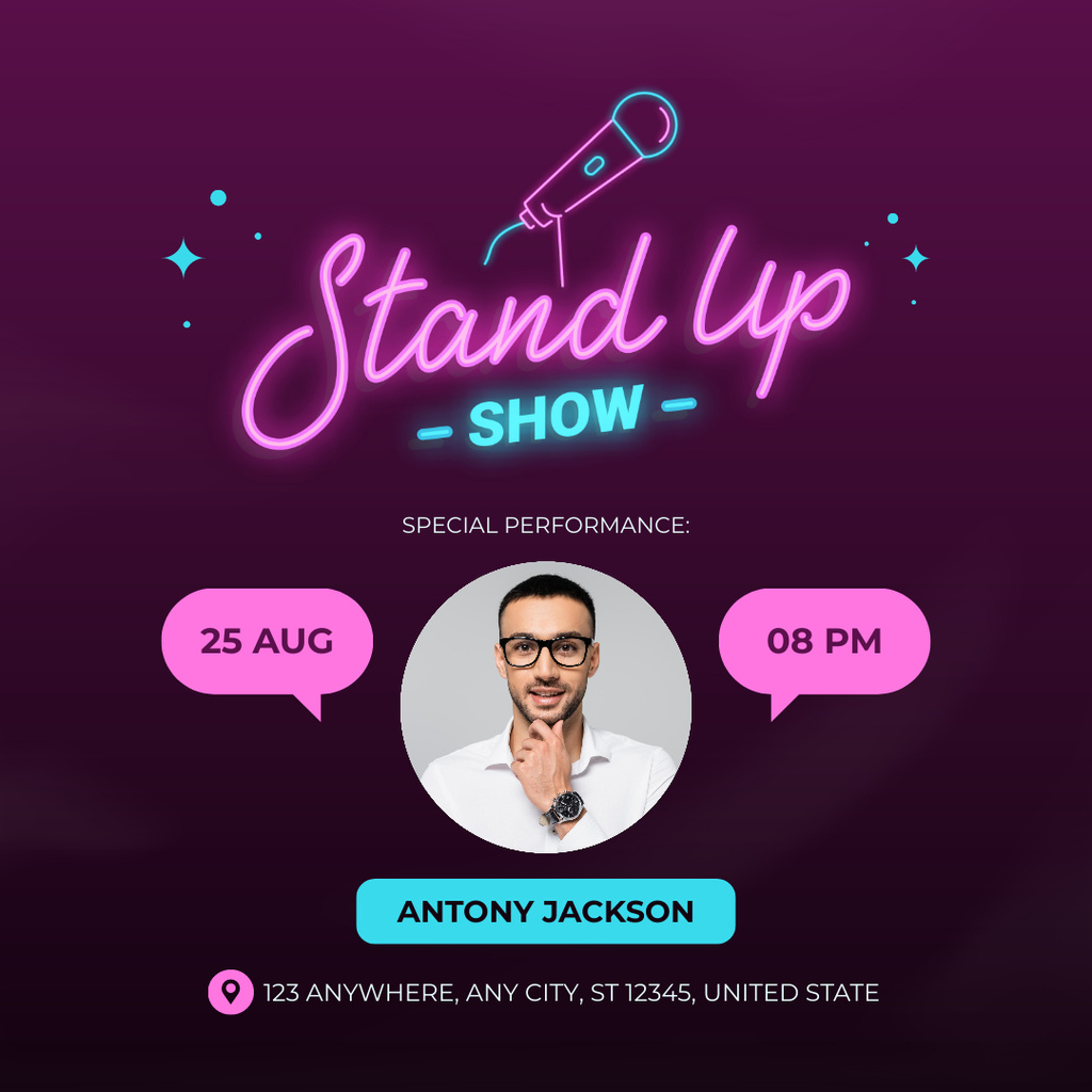 Neon Announcement for Stand Up Show with Young Man Instagram Πρότυπο σχεδίασης