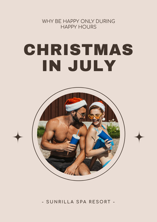 Young Couple Celebrating Christmas in July Postcard A6 Vertical Design Template