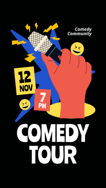 Announcement of Comedy Tour with Illustration of Microphone in Hand Instagram Story Tasarım Şablonu