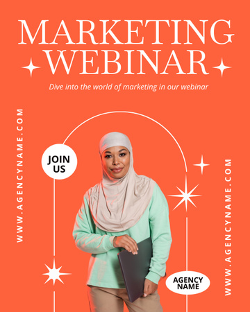 Modèle de visuel Annonce de webinaire sur le marketing numérique avec une femme musulmane avec un ordinateur portable - Instagram Post Vertical