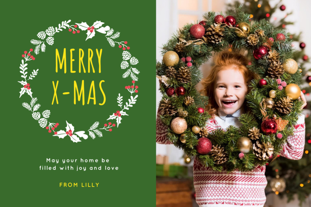 Platilla de diseño Splendid Christmas Greeting With Wreath In Green Postcard 4x6in