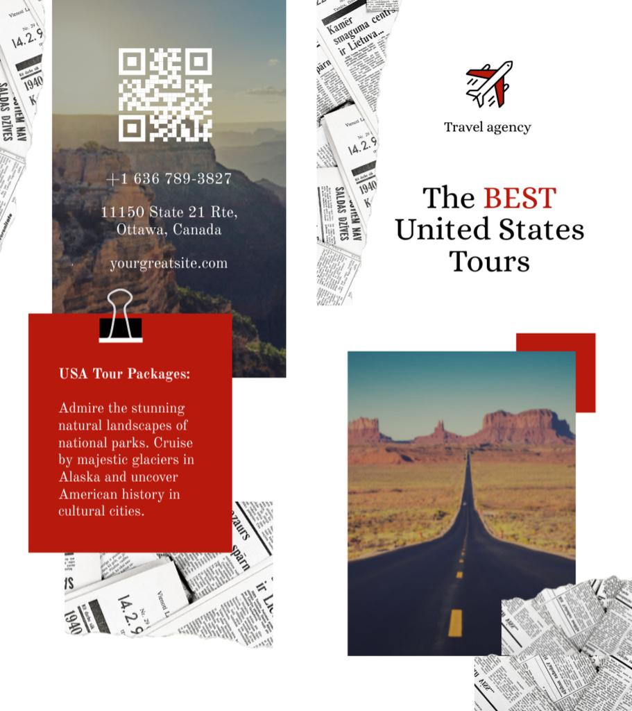 Educational Booklet about Journey to USA Brochure 9x8in Bi-fold Πρότυπο σχεδίασης