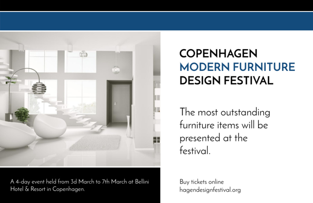Ontwerpsjabloon van Flyer 5.5x8.5in Horizontal van Outstanding Furniture Festival Announcement with Modern Interior in White
