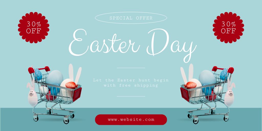 Easter Sale Ad with Colorful Eggs and Decorative Rabbits in Shopping Carts Twitter Design Template