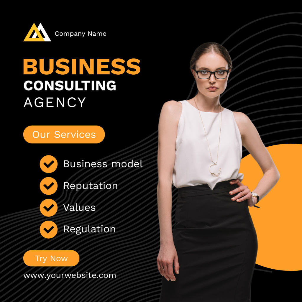 Business Consulting Agency Ad with Confident Young Businesswoman Instagram tervezősablon