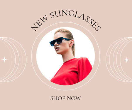 New Eyewear Arrival Announcement with Woman Wearing Black Sunglasses Facebook Design Template