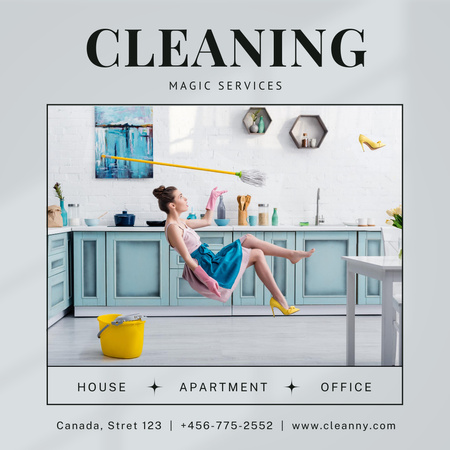 Designvorlage Cleaning Services Offer with Woman Flying in Kitchen für Instagram AD