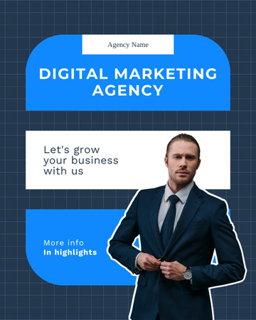 Plantilla de diseño de Oferta de servicio de agencia de marketing digital con hombre de traje azul Instagram Post Vertical 