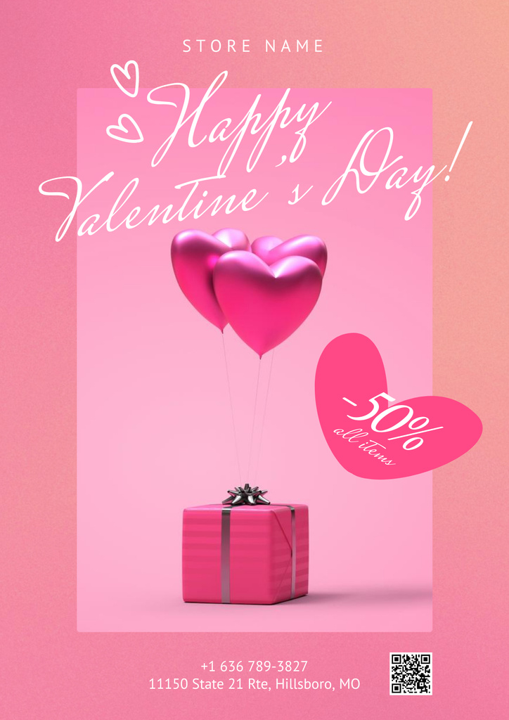 Valentine's Day Sale with Gift and Balloons Poster Πρότυπο σχεδίασης