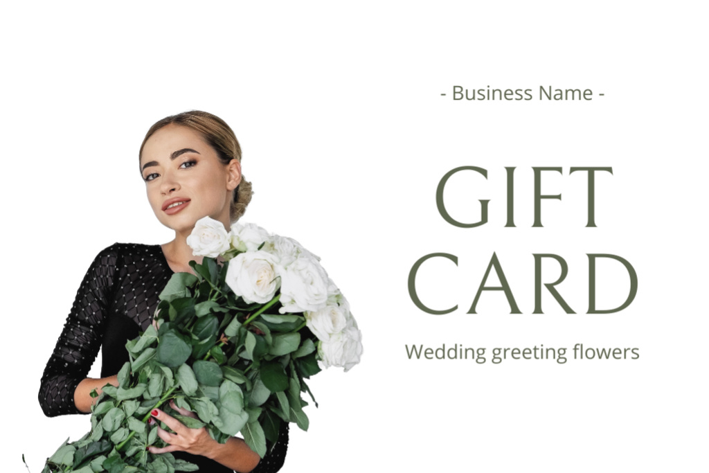 Szablon projektu Floral Studio Ad with Woman Holding Wedding Bouquet of Roses Gift Certificate