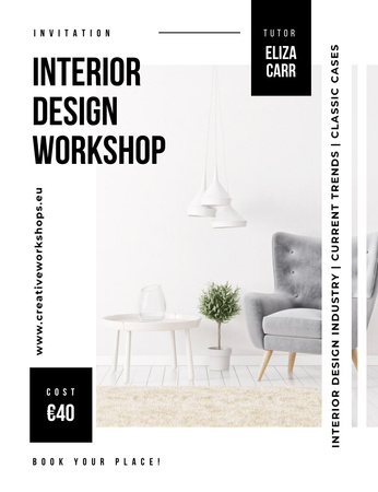 Platilla de diseño Interior Workshop Alert With Living Room on White Invitation 13.9x10.7cm