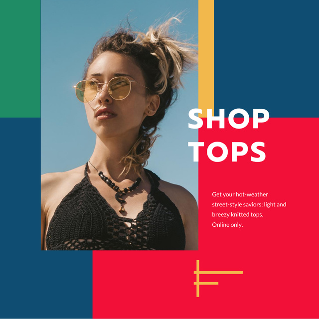 Fashion Tops sale ad with Girl in sunglasses Instagramデザインテンプレート