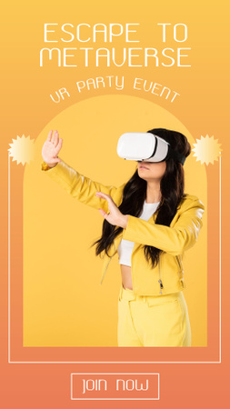 Virtual Party Invitation with Young Lady in VR Glasses Instagram Story Design Template