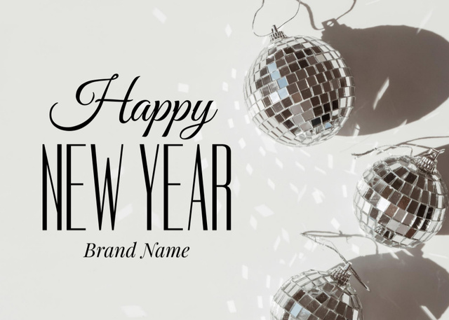 New Year Holiday Greeting with Bright Disco Balls Postcard 5x7in Design Template