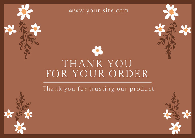 Thank You for Your Order Message with White Flowers on Brown Cardデザインテンプレート