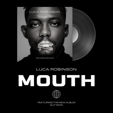 Composição do disco de vinil, foto do homem negro e elementos gráficos e títulos brancos Album Cover Modelo de Design